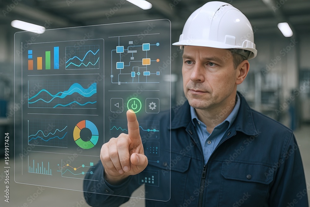 Poster male engineer using futuristic transparent digital interface for data analysis in industrial factory
