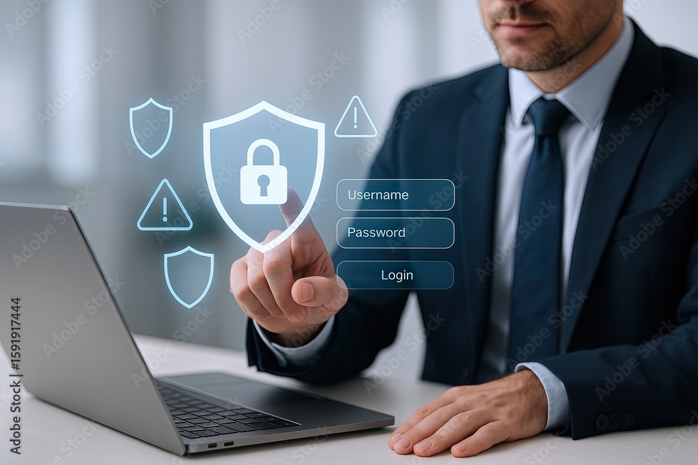 Poster business professional man in suit using laptop with digital security icons and login interface.