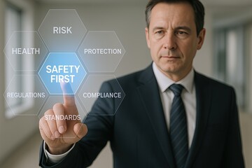 Obraz premium Businessman in formal suit points at safety first digital safety concept interface.