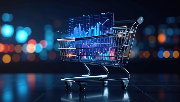 Shopping cart with digital financial graphs