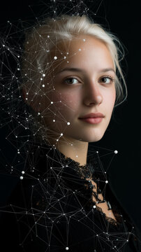 Elegant young woman with platinum blonde hair surrounded by abstract digital connections and neural network elements, symbolizing artificial intelligence and human-computer interaction
