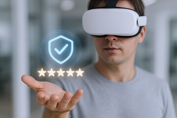 Young man wearing virtual reality headset holding digital shield with five stars.
