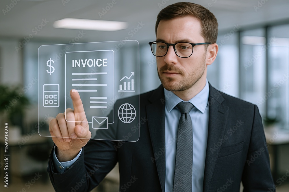Poster businessman with glasses using transparent touch screen interface for digital invoice.