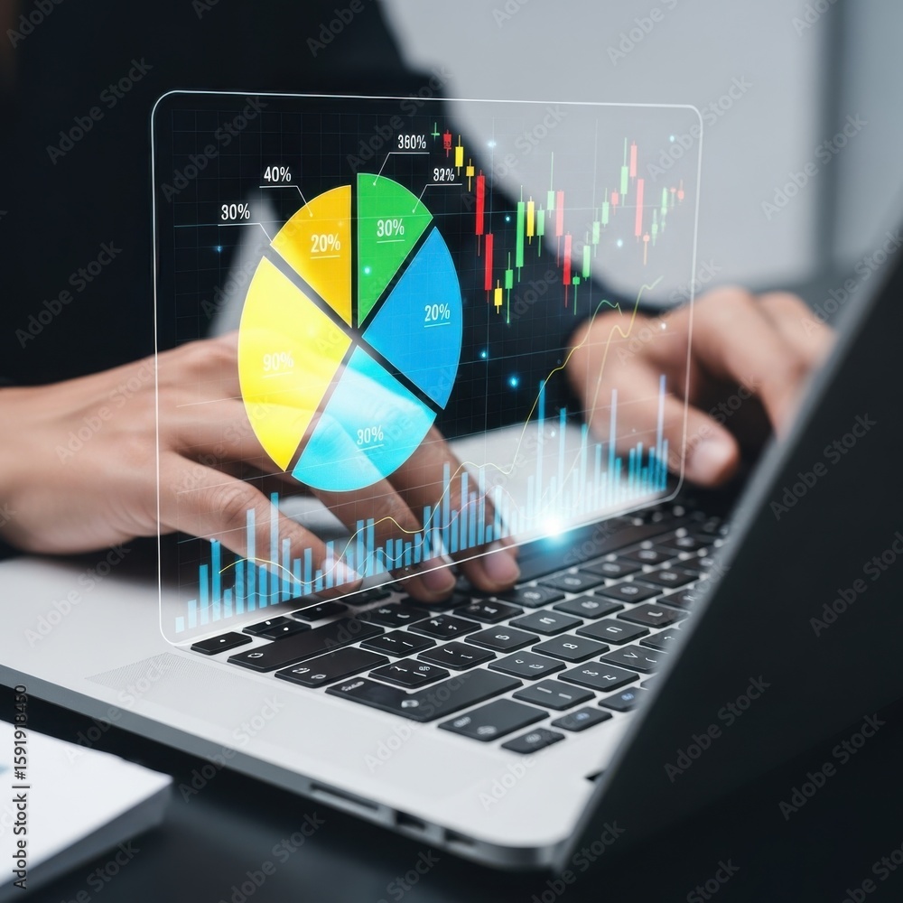 Aufkleber person analyzing financial data on a holographic display with charts and graphs technology data anal