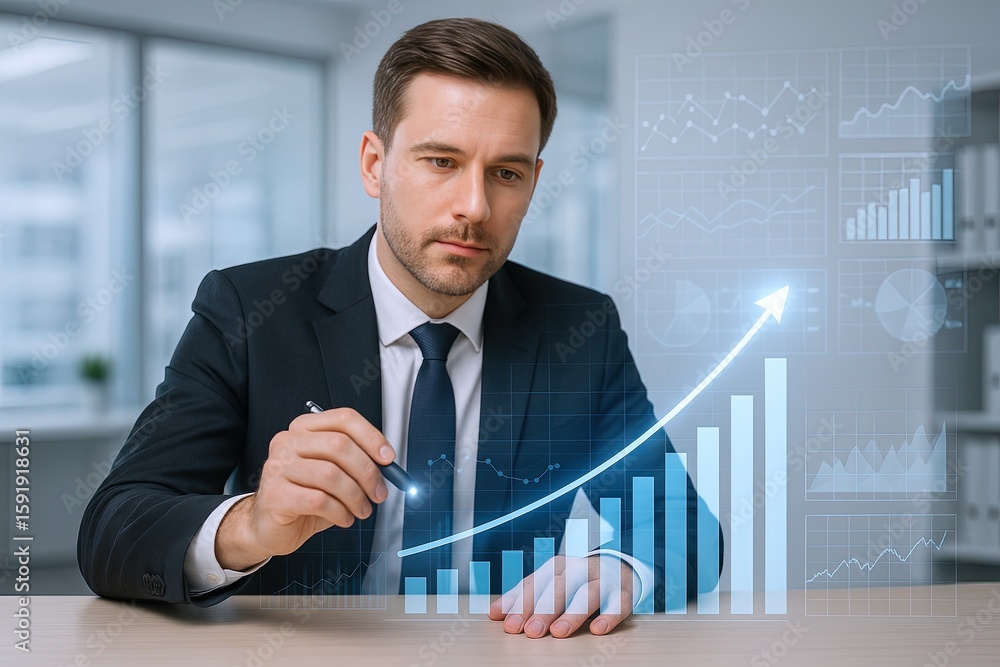 Poster businessman analyzing growth data with graphs and charts in modern office setting.