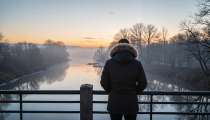Man in coat reflecting by foggy river at dawn, seasonal introspection