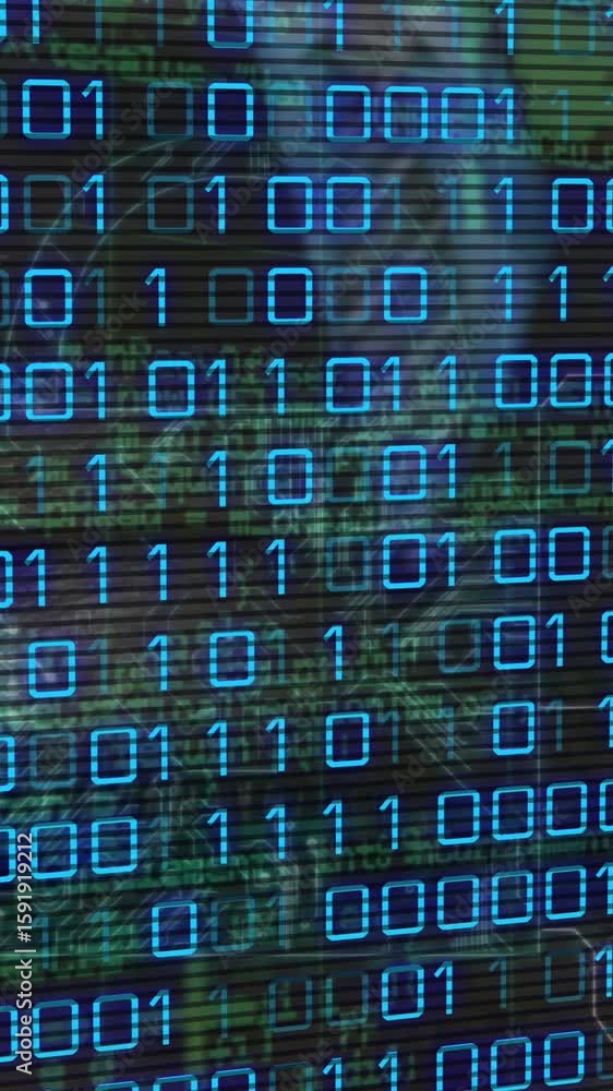 Poster composition of binary coding processing over purple background