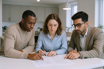 Diverse group of three professionals discussing documents in a modern office setting.