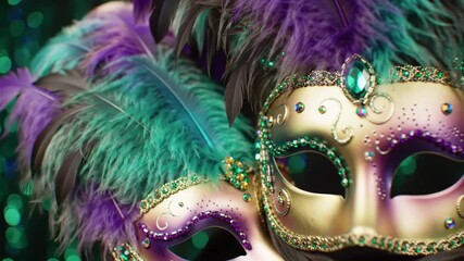 Mardi Gras mask with ornate gold filigree, purple and green feathers, sparkling beads, soft bokeh, gentle festive motion - Powered by Adobe