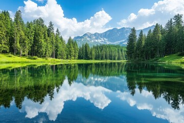 Still alpine lake reflecting pine trees and sky
