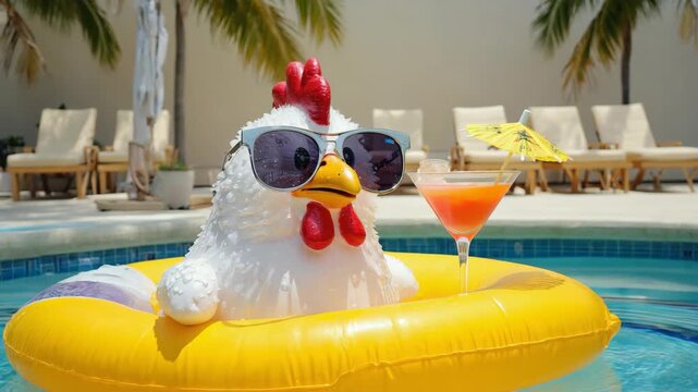 Relaxing chicken float enjoying a drink by the poolside