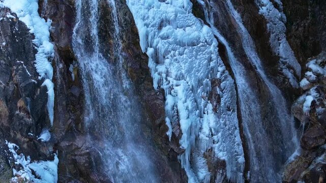 Winter landscape of the Argualas Waterfalls in Panticosa, Tena Valley, Alto Gallego region, Huesca, Aragon, Spain, Europe.