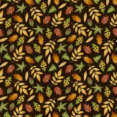Seamless pattern with hand drawn watercolor autumn leaves on a dark brown background. Perfect for autumn-themed designs, textile prints, packaging, scrapbook paper, digital backgrounds, stationery