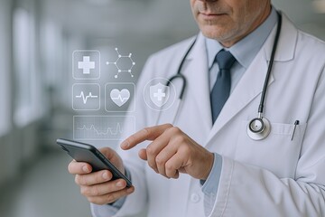 Medical Doctor Using Smartphone with Digital Health Icons in Modern Clinic.