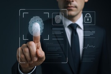 Modern businessman in suit uses fingerprint scanner for biometric identity verification.