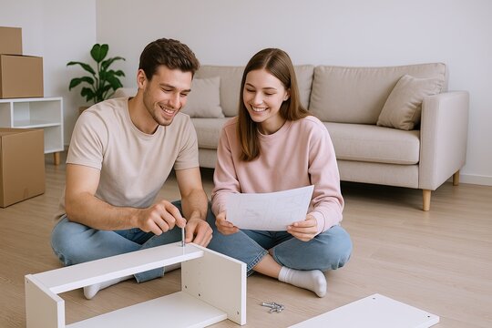 Happy young couple assembling furniture together in modern living room with sofa.
