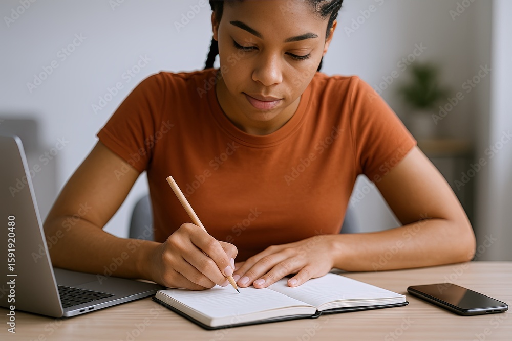 Poster woman taking notes in notebook while using laptop and smartphone at desk.