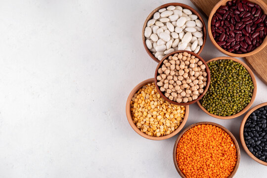 Various dried legumes, lentils, chikpeas, beans assortment