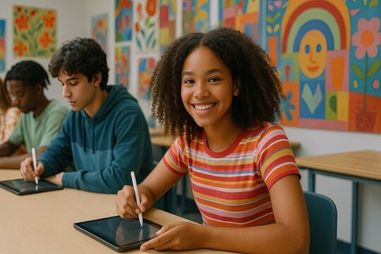 Diverse group of students using digital tablets in a colorful modern classroom.