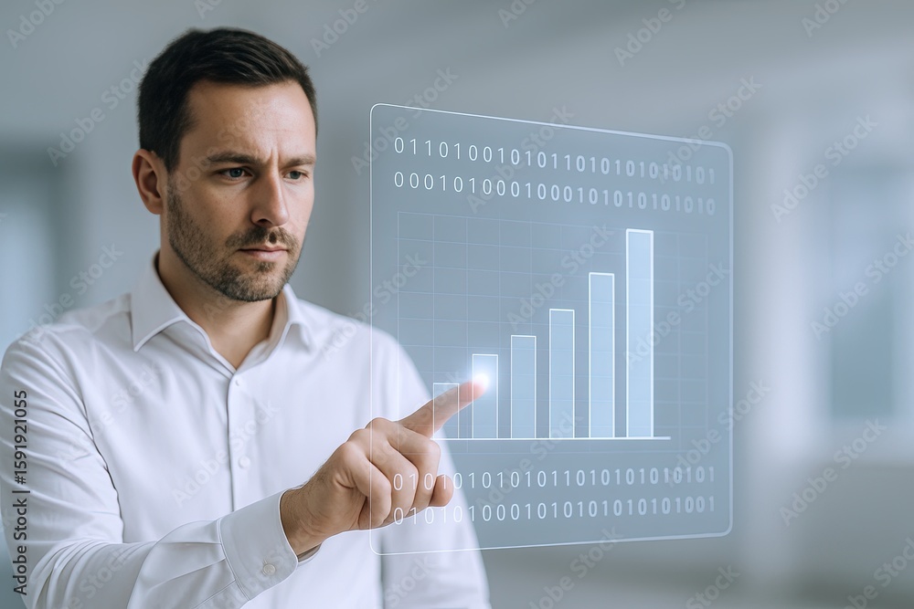 Poster professional man analyzing digital data and growth chart on futuristic transparent screen.