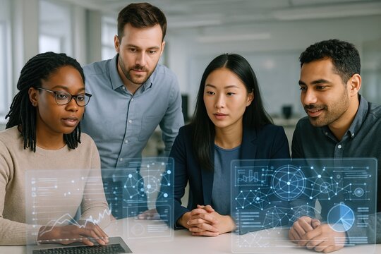Diverse group of professionals analyzing futuristic digital interface with data charts and graphs in an office setting.