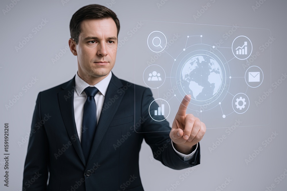 Poster businessman interacting with digital global network interface showing technology and communication i