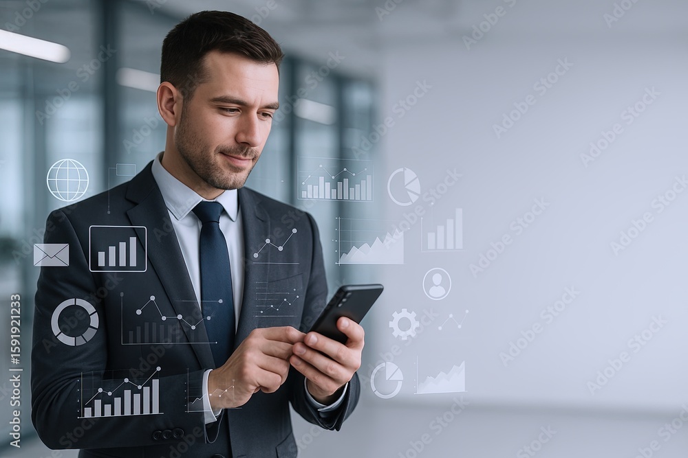 Aufkleber businessman using smartphone in modern office with digital data and analytics.