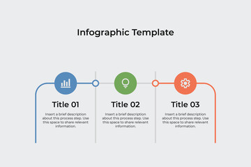 Minimalist horizontal infographic template with three connected circular elements, colorful icons (bar graph, light bulb, gear), editable titles and text. Clean and professional vector design.