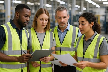 Diverse team of factory workers wearing safety vests discussing documents in industrial setting.