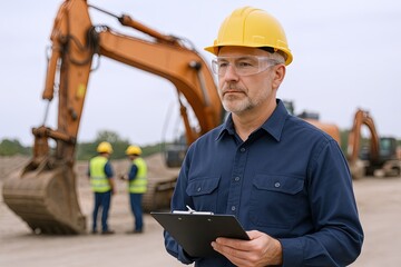 Adult male construction supervisor wearing safety helmet monitoring large excavator construction site.
