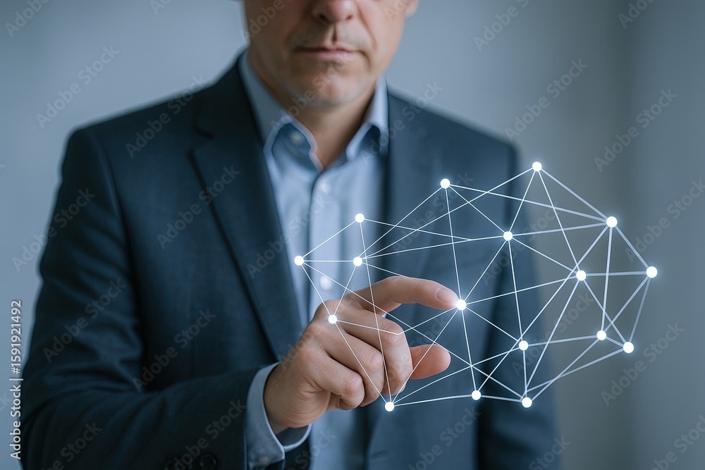 Poster businessman in formal suit interacting with digital network interface representing technology and in