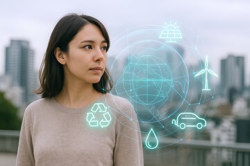 Young woman with dark hair and neutral expression standing outdoors on city rooftop with technology icons and cityscape background.