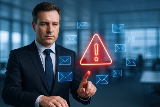 Businessman warning about email alert with digital icons and caution sign in office setting.