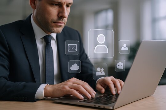 Businessman using laptop with digital social media and communication icons.
