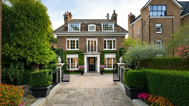 Tour a beautifully designed residence featuring lush greenery, colorful flowers, and striking brickwork in a serene setting