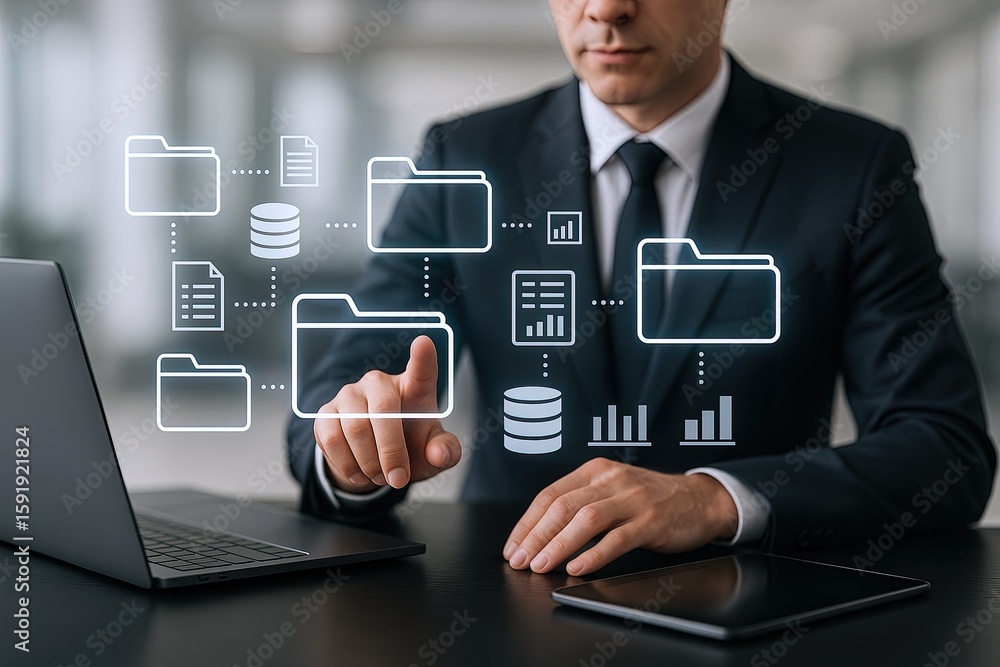 Poster businessman organizing digital folders and data on transparent virtual interface in modern office en