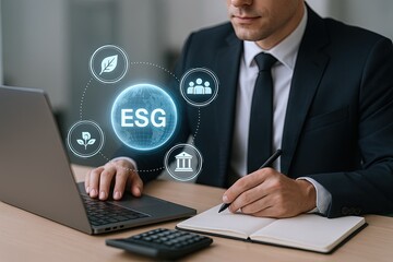 Professional businessman analyzing environmental, social, and governance issues on digital screen.