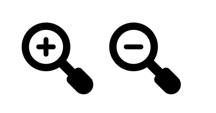 Zoom Control Icons: Plus and Minus Magnifying Glass Symbols, Simple Bold Black Design