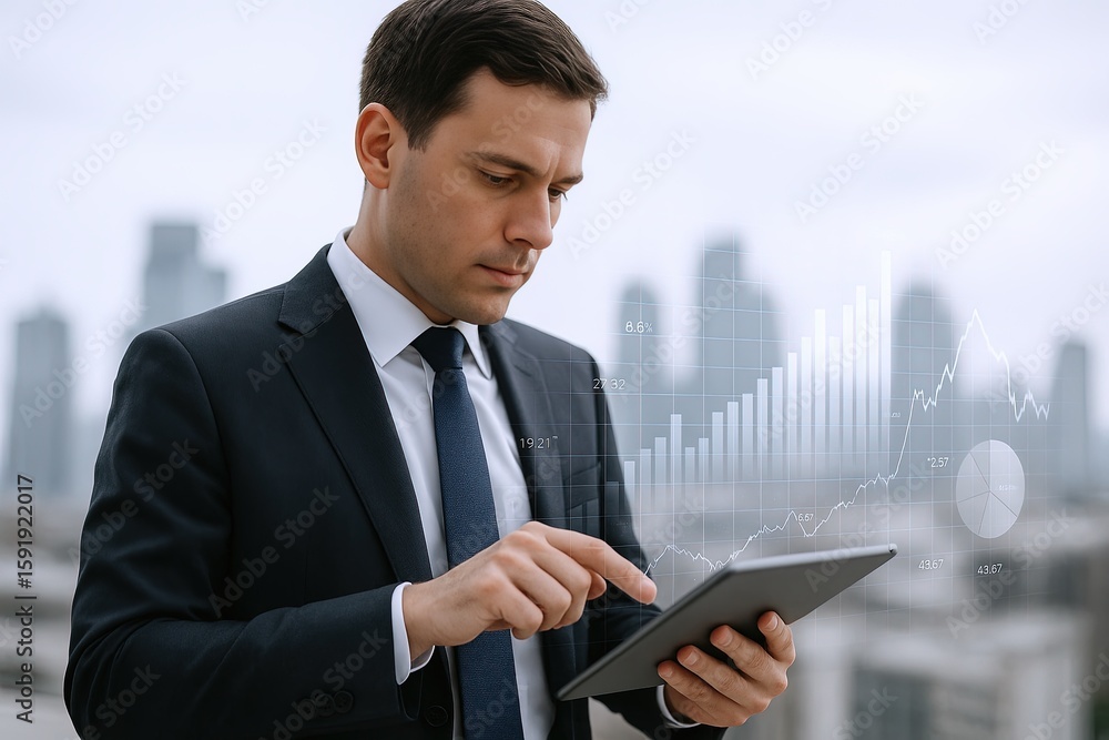 Poster businessman using tablet with financial data and graphs overlay in office.