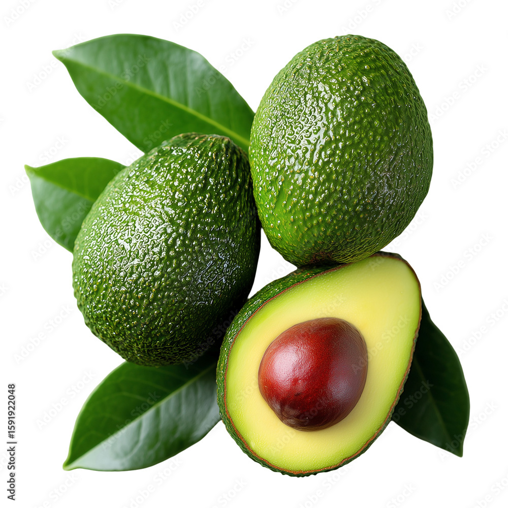 Poster a close up shot of three avocados with leaves on a black background view isolated on transparent bac