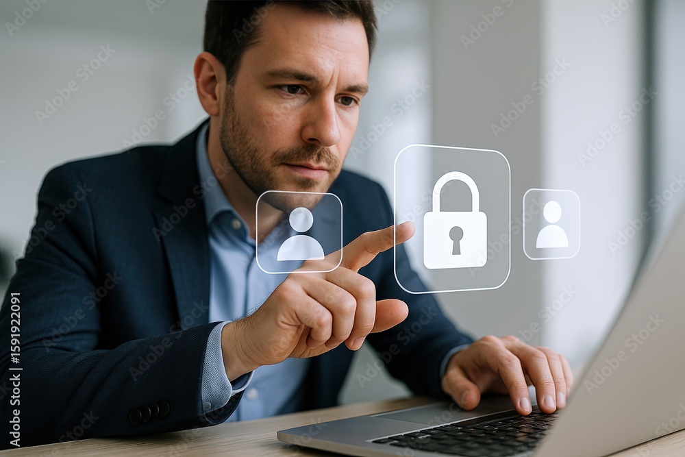 Poster businessman using digital security interface for data protection and privacy.