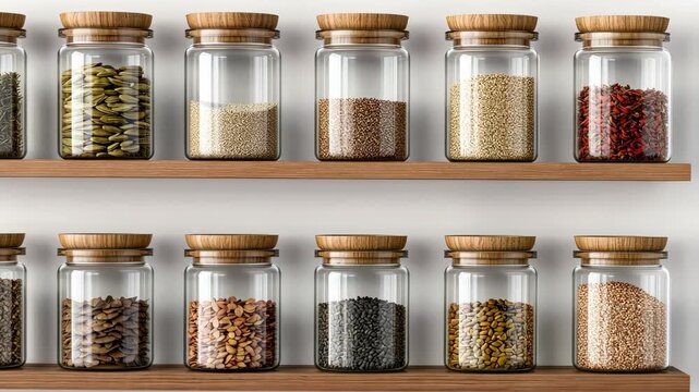 Rows of glass containers filled with an array of spices and seeds create an inviting and organized kitchen environment, perfect for cooking