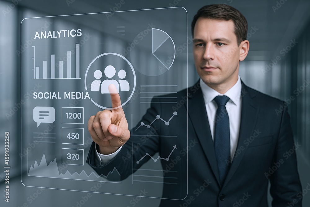 Poster businessman interacting with futuristic digital data interface displaying analytics and social media