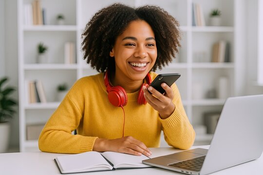Smiling African American woman relaxing at home using smartphone with headphones and laptop.