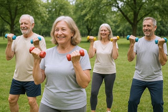 Elderly People Exercising Outdoors Lifting Dumbbells in a Park During Daylight.