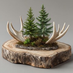 Fototapeta premium A rustic woodland diorama featuring realistic evergreen trees and moose antlers mounted on a natural wood slice