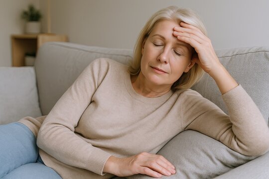 Woman experiencing headache or fatigue feeling with hand on forehead lying on sofa in living room. - Powered by Adobe