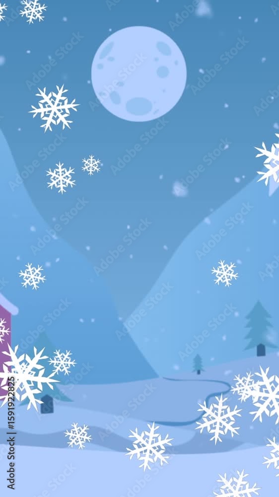Poster animation of snowflake icons falling over winter landscape with copy space