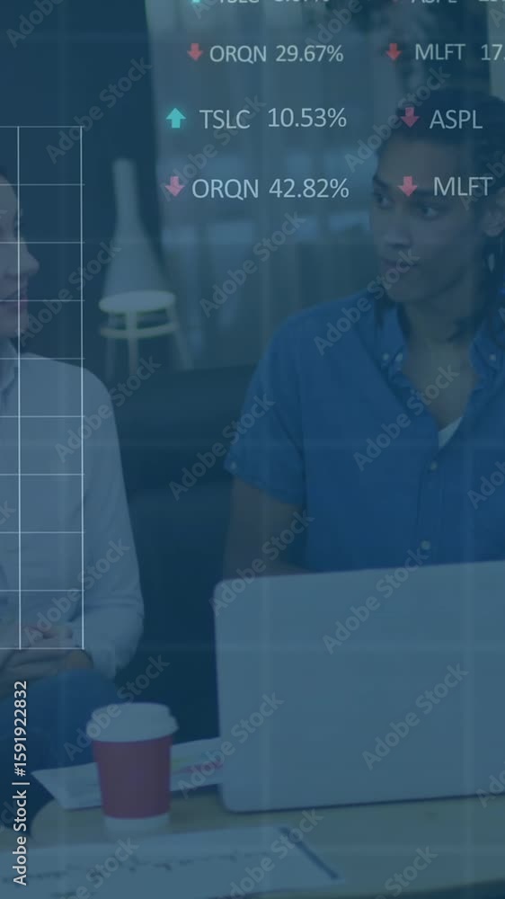 Poster animation of stock market data processing over group of diverse colleagues discussing at office