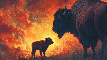 Bison mother and calf facing a fiery sunset.